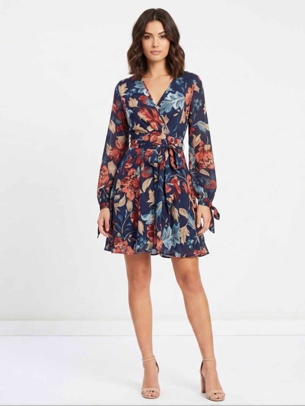 Cals Long Sleeve Floral Wrap Dress - Navy and Red S